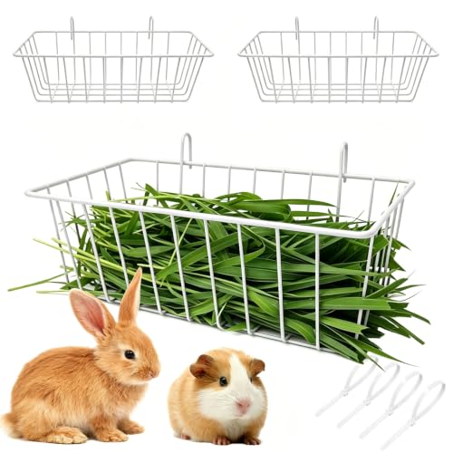 Rabbit Hay Feeder Rack, 2 Pcs Small Animals Hay Dispenser with Hooks | Reduce Mess Frame Basket for Cage Hanging Metal Hay Holder for Rabbits Guinea Pigs Bunny Chinchillas - color: White, size: Small