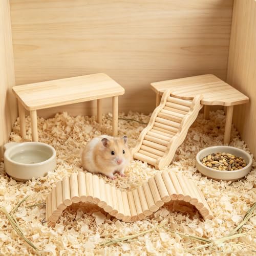 4 Pcs/Set Wooden Hamster Platform Hideout with Tunnel Ladder Hamster Toys Set Dwarf Hamsters Accessories Game Climbing Toy for Pets Dwarf Syrian Mice Degus Gerbils Squirrel