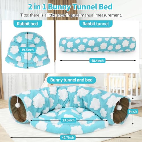 BWOGUE Bunny Tunnel Bed, 2-in-1 Collapsible Rabbit Tunnel Hideout with Mat | Removable Mat for Washing, 46.8 in Length, Ball Toy for Play, Cats Rabbits Guinea Pigs, Clouds Blue - color: Clouds Blue