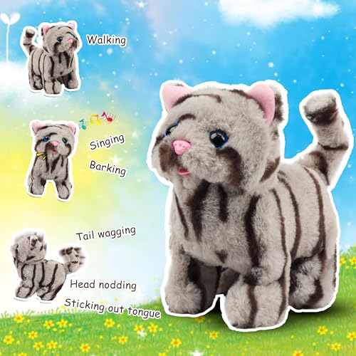 Easfan Walking Kitty Cat Electric Meowing Plush Toy for Kids 9" | Interactive pet, tail wagging head nodding, animated kitten pet, birthday holiday gift, for toddlers - style: Grey Cat
