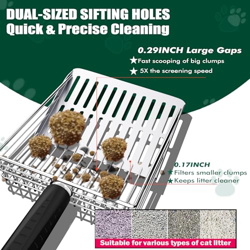 XIAOXINGYUN Stainless Steel Cat Litter Scoop, Metal Cat Litter Scooper with Holder, Heavy-Duty Cat Scooper with Coarse and Fine Grids for Quick Screening and Easy Cleaning