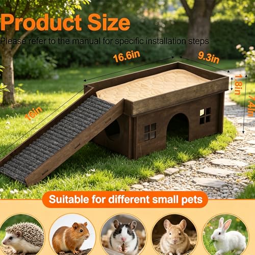 Large Sturdy Bunny House, Guinea Pig Rabbit Hideout Castle | Small Animal House Bed Hut Habitats with Stairs, Sturdy Wooden Guinea Pig Hideout for Hamsters Bunny Chinchillas Hiding - color: Walnut