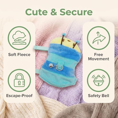 Adjustable Caterpillar Premium Plush Harness&Leaf Set – Soft Restriction-Free Vest for Ferrets,Guinea Pigs, Lizards, Rabbits,Squirrel, Kittens,Teacup Chihuahuas, Puppies|Safety Bell(Caterpillar-Blue) - color: Caterpillar-Blue