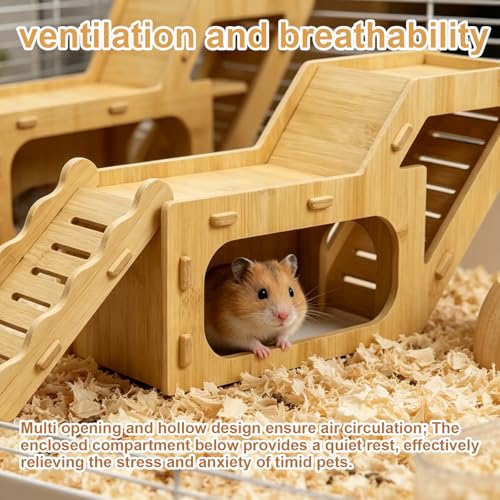 Wooden Hamster Hideout,Hamster Hideout Cage Accessories with Ladder(Z) | Platform for Syrian Hamsters Dwarf Gerbil Mouse - color: Bamboo-Light