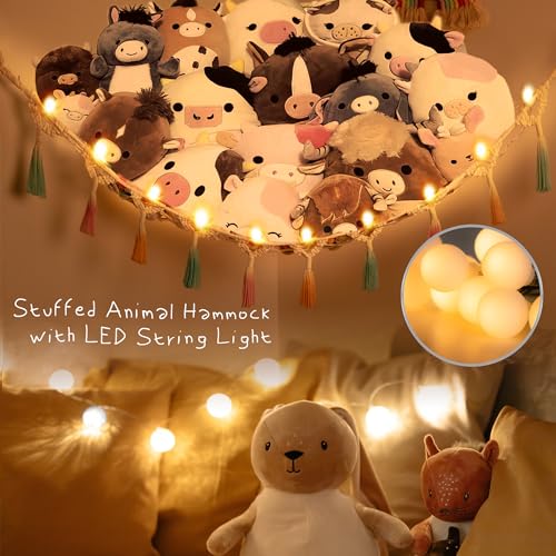 Stuffed Animal Net or Hammock with Light,Yewiwin Macrame Hanging Net Hammock for Stuffed Animal Toy Storage Organizer Boho Decor Room Holder for Nursery Play Room Bedroom (Beige(55"*55"*72")) - color: Beige(55"*55"*72")