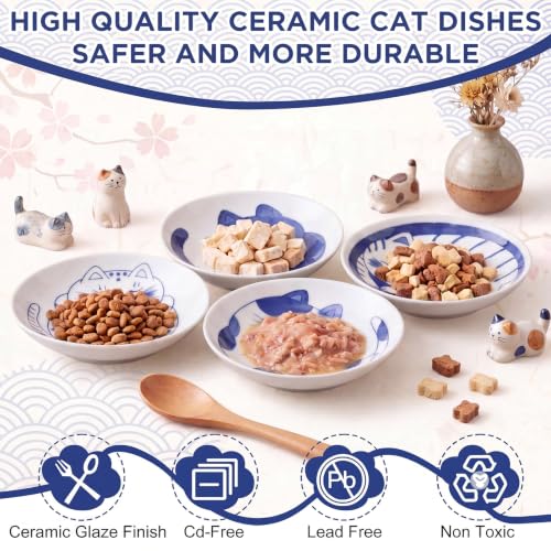 8 Pcs Kawaii Cat Ceramic Bowls Set, 4 Inch Shallow Cats Dishes Food Plates for Wet Food Treats and Snacks, Japanese Style Cute Bowls for Small Pets, Gifts for Cat Lover