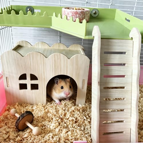 Hamster Hideout Wood Hamster House Rat Hide with Ladder for Syrian Hamsters | Detachable,Box Packaging,for Syrian Hamsters Dwarf Gerbil Mouse,Hamster Stuff Hamster Enrichment,Hamster Cage Accessories