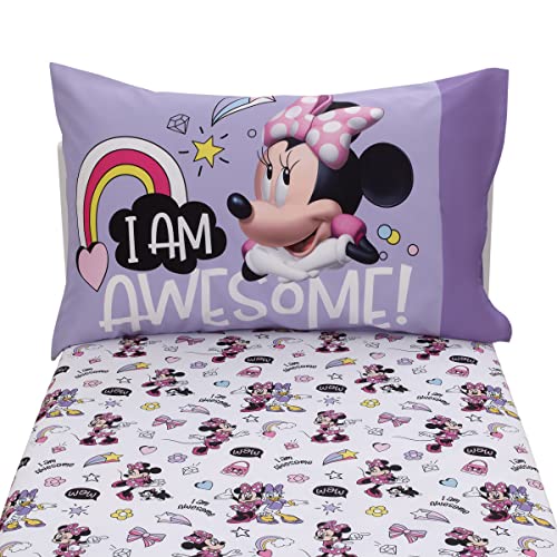 Disney Minnie Mouse I am Awesome Lavender, Pink, and White with BFF Daisy Duck, Rainbow Hearts and Stars 2 Piece Toddler Sheet Set - Fitted Bottom Sheet and Reversible Pillowcase - color: Minnie Mouse I Am Awesome