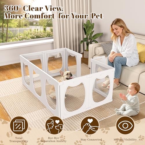 Clear Acrylic Dog Playpen Indoor with Toy & Door (24" H, 10 Panels, White) | Transparent Puppy Playpen for Dogs, Cats, Rabbits or Small Pets, Indoor Modern Dog Play Pen for Home, Easy Clean & Assemble