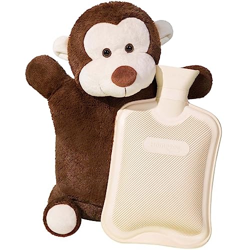 HomeTop Premium Classic Rubber Hot Water Bottle with Triceratops Cover | Natural rubber hot water bottle,Long-lasting heat retention,Snuggly all-night warmth - color: Cream White/Monkey