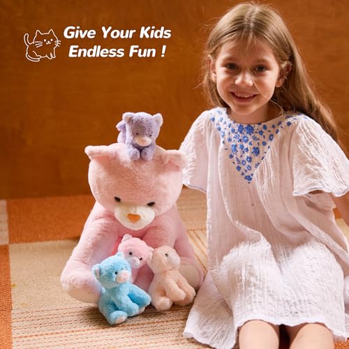 Vposyako 5 Pieces Cat Stuffed Animals for Girls, 1 Mommy Cat with 4 Babies, Soft Plush Cat Toy Set for Kids 3-9, Gifts for Christmas, Birthday, Children's Day, Valentine's - style: Cat