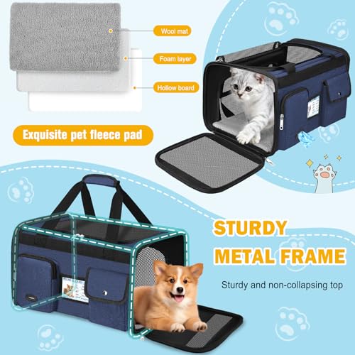 HUANLANG Large Cat Carrier Soft Sided Travel Pet Carrier Airline Approved | Dog Carriers for Small Dogs Medium Cats,Collapsible,3 Storage,zipper lock,Reflective strips,Luggage Strap, Up to 15 Lbs - color: Navy Blue