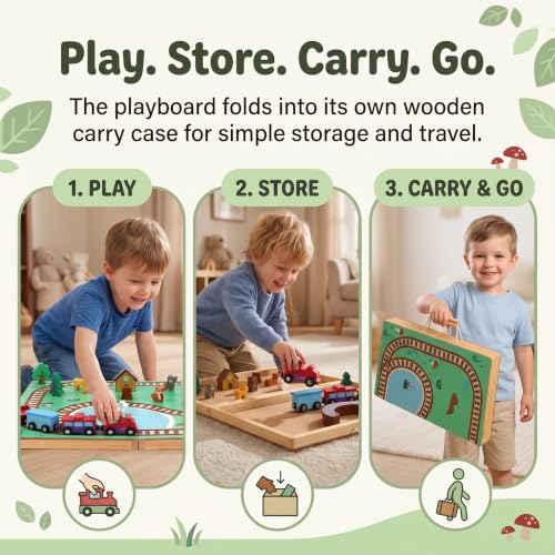 Imagine & Play Nature Explorer – 17 Piece Wooden Train Set with Foldable Carrying Board, Forest Animals & Bridge – Toddler Toys, Train Toys, Toys for Kids Boys & Girls 3+, Gifts for 3 Year Old Boys