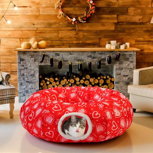 Soulchen Cat Tunnel Bed 3 ft x 3 ft x 9.8 Inches Cat Tunnel Tree Skirt Red Heart Pet Cave Donut Decor for Indoor Small Medium Kittens Dog Rabbit Ferret