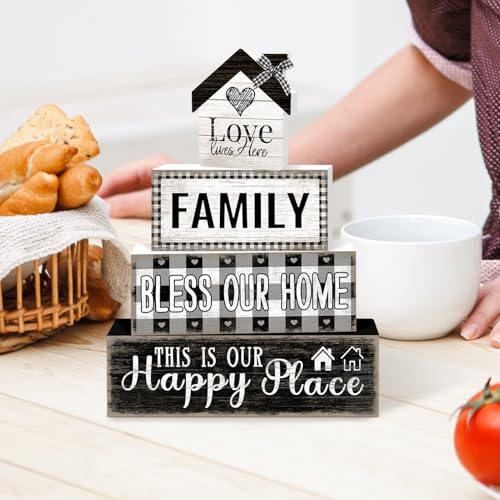 Tiered Tray Decor Set, 4 Pcs, Wooden, for Home Kitchen, Family | Rustic Buffalo Plaid, Farmhouse Rustic Summer Coffee Table Centerpieces Office Decorations - style: Family