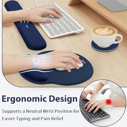 Mouse Pad and Keyboard Wrist Rest, 3-in-1 Gel Memory Foam Ergonomic Mouse Pad with Wrist Rest Set, Gaming Mousepad Arm Cushion Support for Computer Office Desk Accessories Cute Setup,Dark Blue - color: Dark Blue