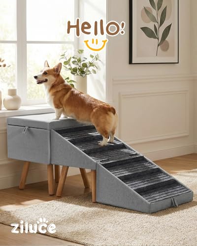 Dog Ramp for Bed & Couch, Dog Stairs 21.06 inches High for Large/Medium/Small Doggie, Foldable 2 in 1 Wooden Pet Steps for Puppy Older and Injured Dogs, Split Ottoman Design, No-Slip Surface - size: 21.06" H-Light Grey