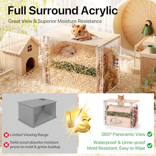 Fully Detachable Hamster Digging Box, Removable Acrylic Panels & Wooden Lid, Extra Deep Clear Panoramic Burrow, Dual-Side DIY Habitat, M Size for Syrian Hamsters, Gerbils, Degus - size: 8.7"L x 6.1"W x 6.3"H