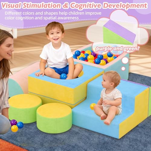 Toddler Climbing Toys Indoor, 6-Piece Baby Foam Climbing Blocks with Ball Pit, Colourful Soft Play Set for Toddlers 1-3 Years Old, Kids' Indoor Climbers & Play Structures (Balls not Included)