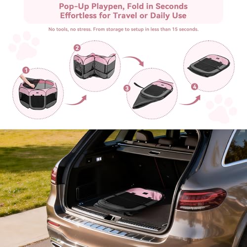 A 4 Pet 40.55-in Dog Playpen, Small Dogs & Puppies, Pink+Grey | Includes bowl, waterproof floor, pop-up design, home/travel/outdoor use - color: Pink+Grey, size: M(40.55"x40.55"x20.5")