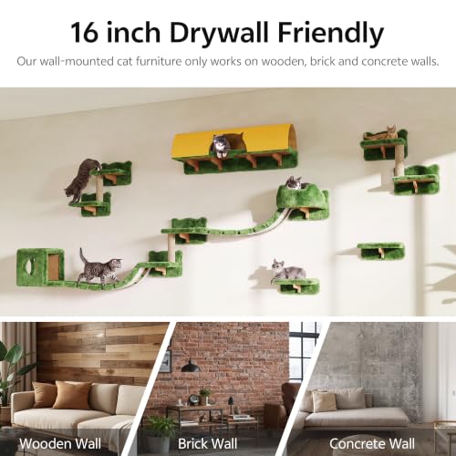 16-in-1 Cat Wall Shelves, Cat Furniture w/Tunnel & Bridge, Green | Wall Mounted Cats Shelf Set with Plush Fabric, Cat Climbing Wall Systems for 16 Inch Drywall, with Scratching Posts, Condos - color: Green, size: 16-in-1