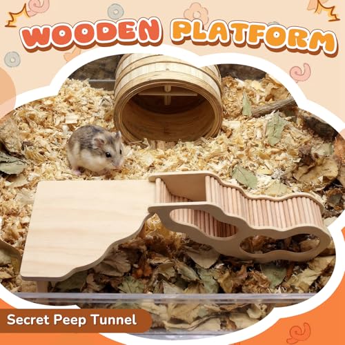 2 Pcs Wooden Hamster Platform with Ladder & Tunnel for Gerbils, Rats, Mice, Syrian Hamsters Burrowing Climbing, Hamster Cage Accessories, Habitat Enrichment Decor(Secret Peep Tunnel) - style: Secret Peep Tunnel