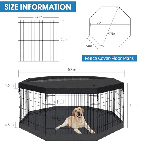 Peekaboo Dog Playpen 24" H 8-Panel with Top Cover & Bottom Pad, Black | 24 Inch 8 Panel Foldable Rustproof Metal Dog Playpen with Top Cover and Waterproof Bottom Pad - style: Playpen + top and bottom cover