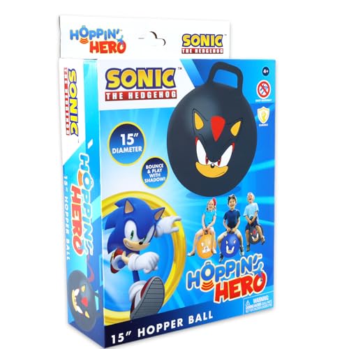 Shadow the Hedgehog Hopper Ball Bundle - Bouncy Ball with Handle for Kids | 15" Sonic Hippity Hop Jumping Ball Plus Stickers, More | Sonic the Hedgehog Backyard Activities, Outdoor Toys, Parties