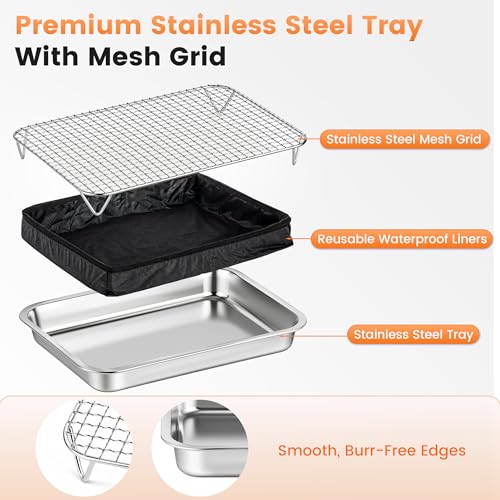 Guinea Pig Litter Box & Rabbit Litter Box – Stainless Steel Tray with Grid, Dual-Layer Mesh Top & Bottom Reusable Waterproof Liner, Easy-to-Clean, 2 inch Low Entry