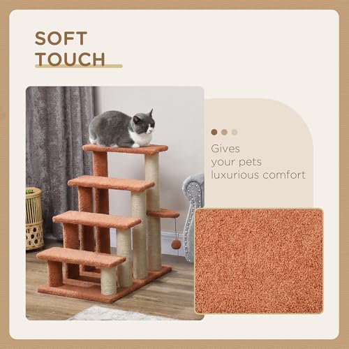 PawHut 4 Levels Cat Steps, Pet Stairs Carpeted Ladder, Kitten Tree Climber with Scratching Posts, Hanging Play Ball, Side Step, for High Bed, Sofa, Brown | Kitten Tree Climber, Scratching Posts, Hanging Play Ball, Side Step, for Sofa - color: Brown