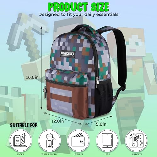 AI ACCESSORY INNOVATIONS Minecraft Backpack for Kids, Pixelated Block Print Design with Adjustable Straps, 16 Inch Rectangular Daypack, 3 Zippered Compartments, Water Repellent Polyester - color: Minecraft