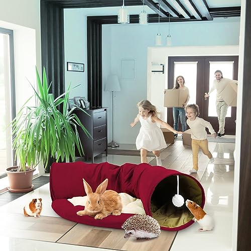 BWOGUE Bunny Tunnel Bed, 2-in-1 Collapsible Rabbit Tunnel Hideout with Mat | Removable Mat for Washing, Ball Toy for Play, Tunnel Tubes for Hiding, Soft Suede Fabric, Cats Rabbits Guinea Pigs - color: Red