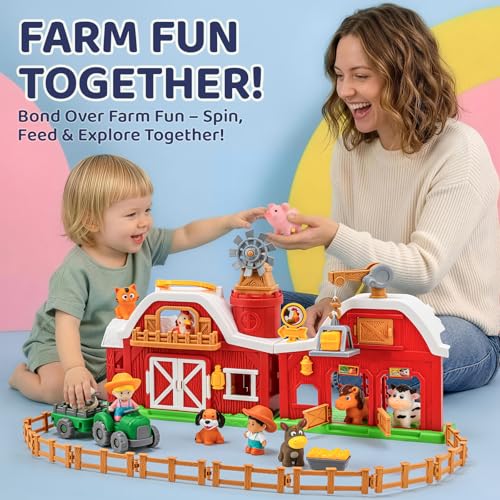 All-in-One Farm Barn Toy Set,Pretend Play Gift for Boys Girls 2 3 Years Old | Barn Toy Set with Farm Animal Figures for Toddlers,Tractor&Fence,Educational Montessori-style Play Sets with Light&Sounds