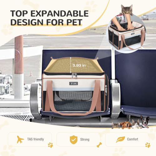 Lekereise Top-Expandable Pet Carrier 18x11x11Inch Delta American United Airline Approved Soft Sided Underseat to 15lbs Travel Carriers for Small Dogs Cats with Locking Safety Zippers Anti-Scratch Mesh - color: Khaki