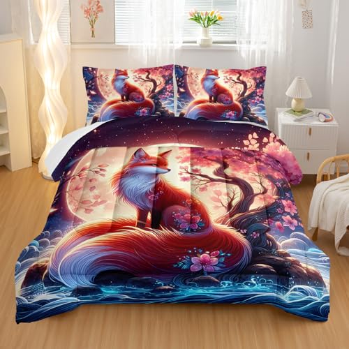 Nttopship Fox Comforter Bedding Set with 2 Pillowcase King Size Cartoon Fox Sakura Comforter Set for Kids Boys Girls Bedroom Decor - color: Fox, size: King