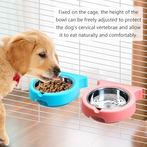 kathson Crate Dog Bowl, Removable Stainless Steel Hanging Pet Cage Bowl Food & Water Feeder Coop Cup for Cat, Puppy, Birds, Rats, Guinea Pigs (2pcs, Pink and Blue) - color: Pink, Blue, size: 2 PCS