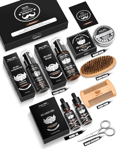 Beard Kit for Men Grooming & Care: Christmas Stocking Stuffers Valentines Fathers Birthday Gifts for Men, Husband, Dad, Boyfriend with Sandalwood Beard Oils and Balm, Wash & Conditioner, Brush, Comb