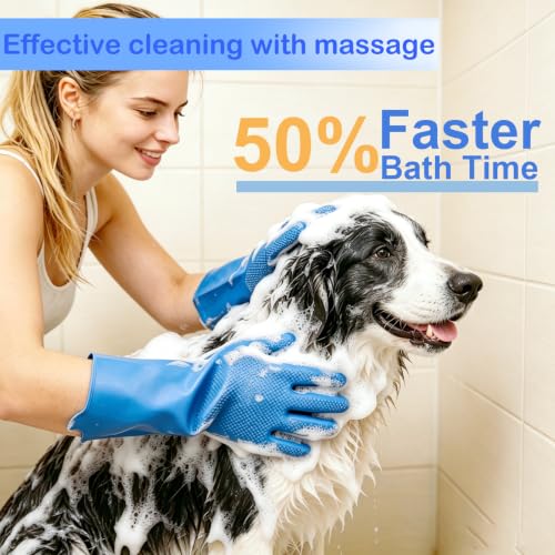 Silicone Pet Grooming Gloves Dog Washing Gloves for Bathing Massaging | 3,000 Soft Bristles, Non-slip & Extended Sleeves, Heat Resistant & Dishwasher Safe, For Cats and Dogs, Home/Car Cleaning - color: Blue