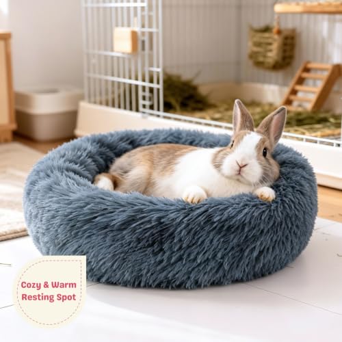 2 Pack Rabbit Bed, Fluffy Donut Shaped Bunny Hideout Comfort Sleeping Mat | Washable Comfort Hideaway Nest Bed for Guinea Pig, Kitten, Chihuahua, Small Pet - color: Dark Gray + Rainbow