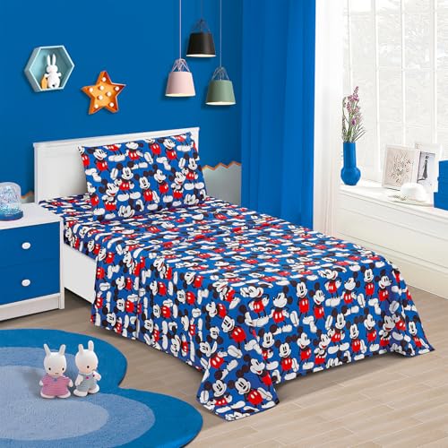 Disney Mickey Mouse Twin Bedding Set - Bundle with Bedspread, Flat Sheet, Fitted Sheet, Pillowcase Plus Stickers, More | Mickey Mouse Bedroom Decor