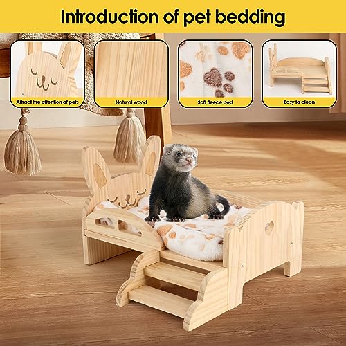 Wooden Guinea Pig Bed with Mat 13.5IN X 9.3IN Detachable Hideout with Stairs Small Animal Cute Warm Habitats for Hamsters Ferret Bunny Sleeping Hiding