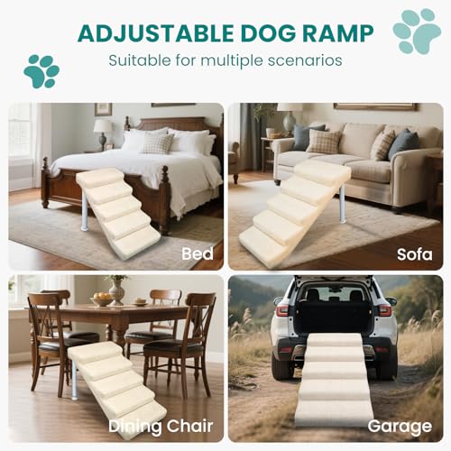 Dog Stairs for High Bed & Couch, Adjustable 5 Step Pet Steps | 19.7" Wide, For Small, Medium & Large Dogs, Non-slip Linen Faux Leather, Holds up to 150 lbs, Adjustable Height 18.5"–21.7"