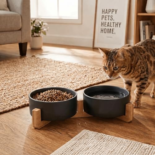 SPUNKYJUNKY Ceramic Dog and Cat Bowl Set with Wooden Stand, Modern Cute Weighted Food Water Set for Small Size Dogs (13.5OZ) & Medium Sized Dogs (28.7OZ) & Cats (1.7 Cups, 2 × Black) - color: Black × 2, size: 1.7 cups