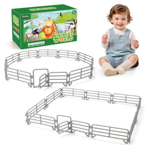 20PCS Large Farm Animal Corral Fence Toys with 2 Gates Fences for Kids Boys Girls, Educational Farm Animal Cake Toppers for Toddlers Children. - style: Silver 20PCS