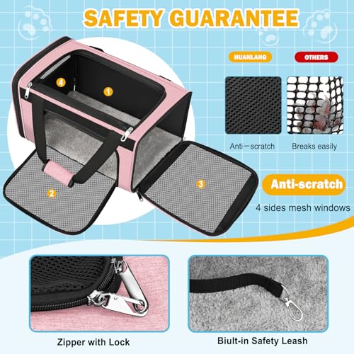 HUANLANG Large Cat Carrier Soft Sided Travel Pet Carrier Airline Approved | Dog Carriers for Small Dogs Medium Cats,Collapsible,3 Storage,zipper lock,Reflective strips,Luggage Strap, Up to 15 L,Pinkbs - color: Pink
