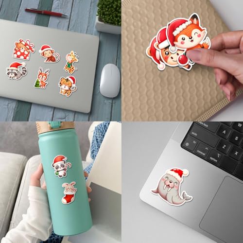 12 Pcs Cute Christmas Animal Stickers, Holiday Decals Featuring Bear, Panda, Fox, Tiger, Giraffe, Deer, Monkey, Bunny in Santa Hats, Festive Stickers for Kids, Gifts, Laptop, Bottle, Notebook 6 Inches - color: Animal, size: 6 Inches