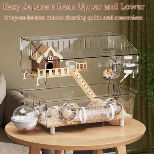 All in 1 Hamster Cage with Tunnel and 7 Accessories,Clear Acrylic Small Animal Habitat for Drawf Hamster,Gerbil,Hedgehog(17.7"*11.8"*13.4")