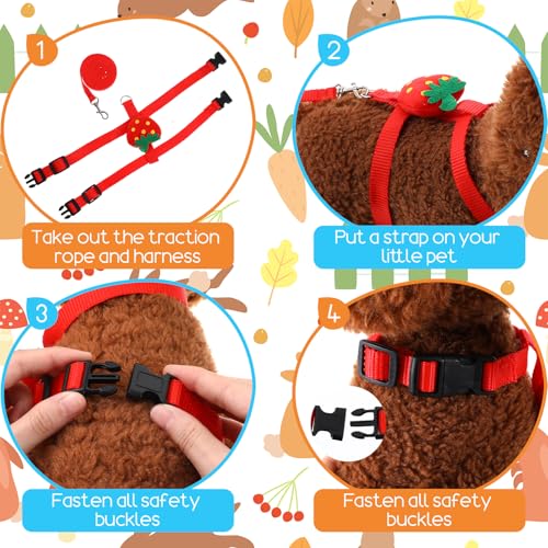 3PCS Adjustable Bunny Rabbit Harness and Leash Set, Small Pet Cute Vest Harness Leash with Decoration, Guinea Pig Harnesses for Ferret, Kitten, Puppy, Rat, Squirrel (Strawberry, Carrot, Pineapple)