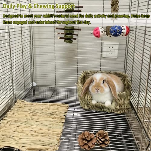 Bunny Grass Bed Mat 21Pcs Rabbit Chew Toys Set Hand-Made Woven Hay Mat | Wood&Bamboo Sticks and Timothy Grass Cake&Ball,Small Animals Teeth Grinding Chew Treat Toy for Guinea Pig - size: 21pcs