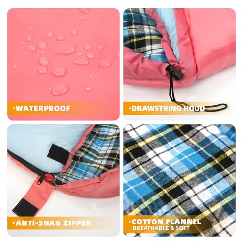 Cotton Flannel Lined Sleeping Bag for Adults Teens Kids, Cold Weather & Warm, 3 Seasons, Lightweight Compact Camping Essentials Equipment, Hiking, Outdoor, Travel - color: Pink Blue